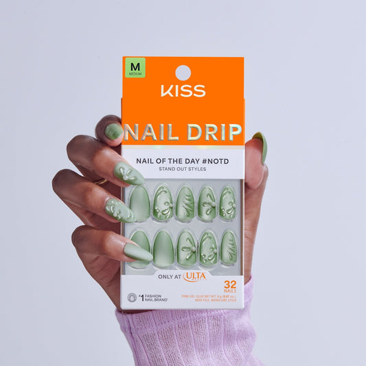 Kiss Nail Drip Press On Fake Glue Nails - Dancing Heart | 3D & Jewel Design, Green, Medium, Almond