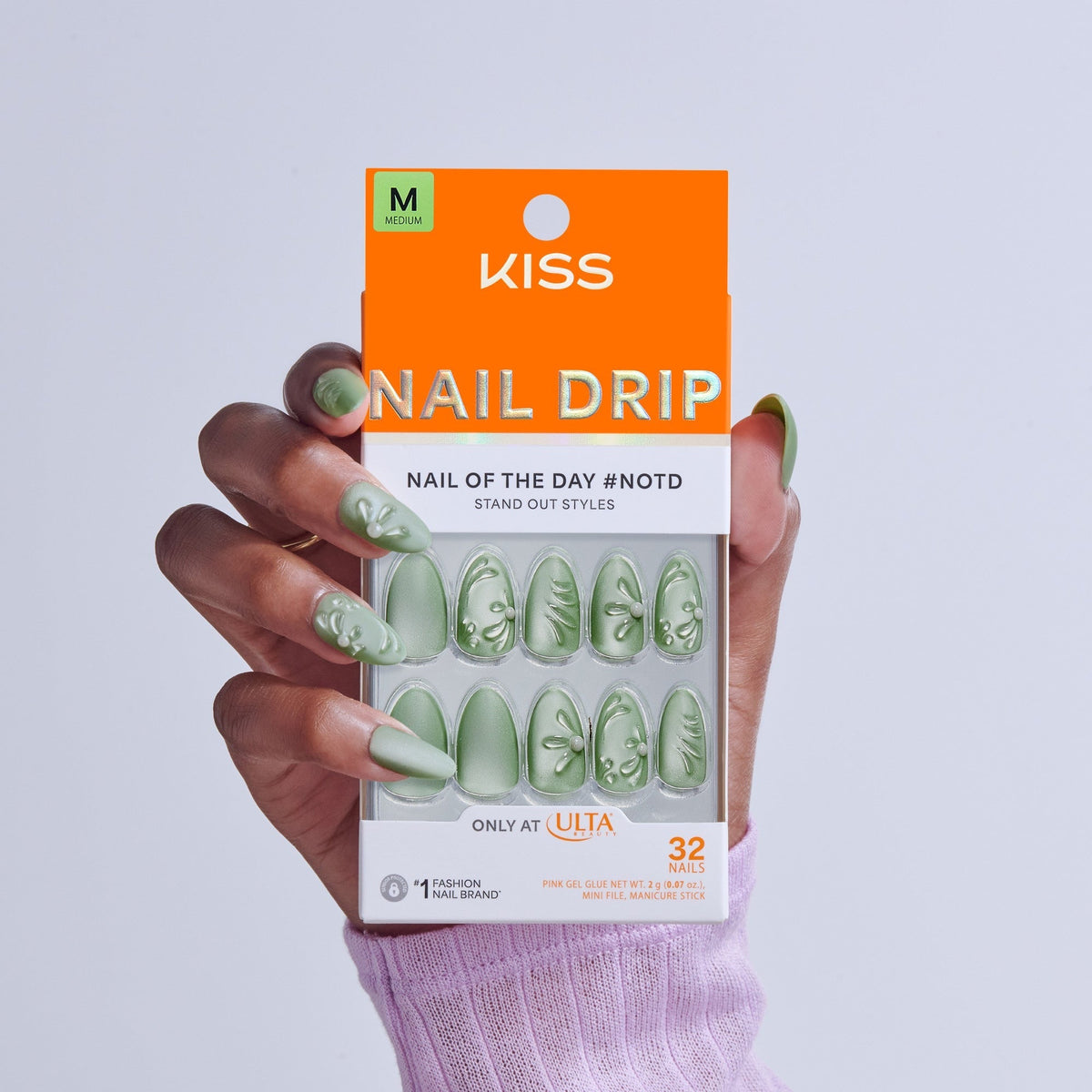 Kiss Nail Drip Press On Fake Glue Nails - Dancing Heart | 3D & Jewel Design, Green, Medium, Almond
