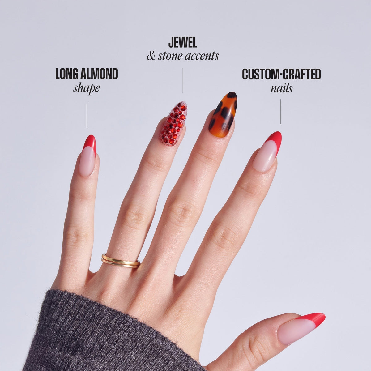 Kiss Luxe Press On Fake Glue Nails - Tidal Quest | 3D & Jewel French Design, Red & Brown, Long, Almond