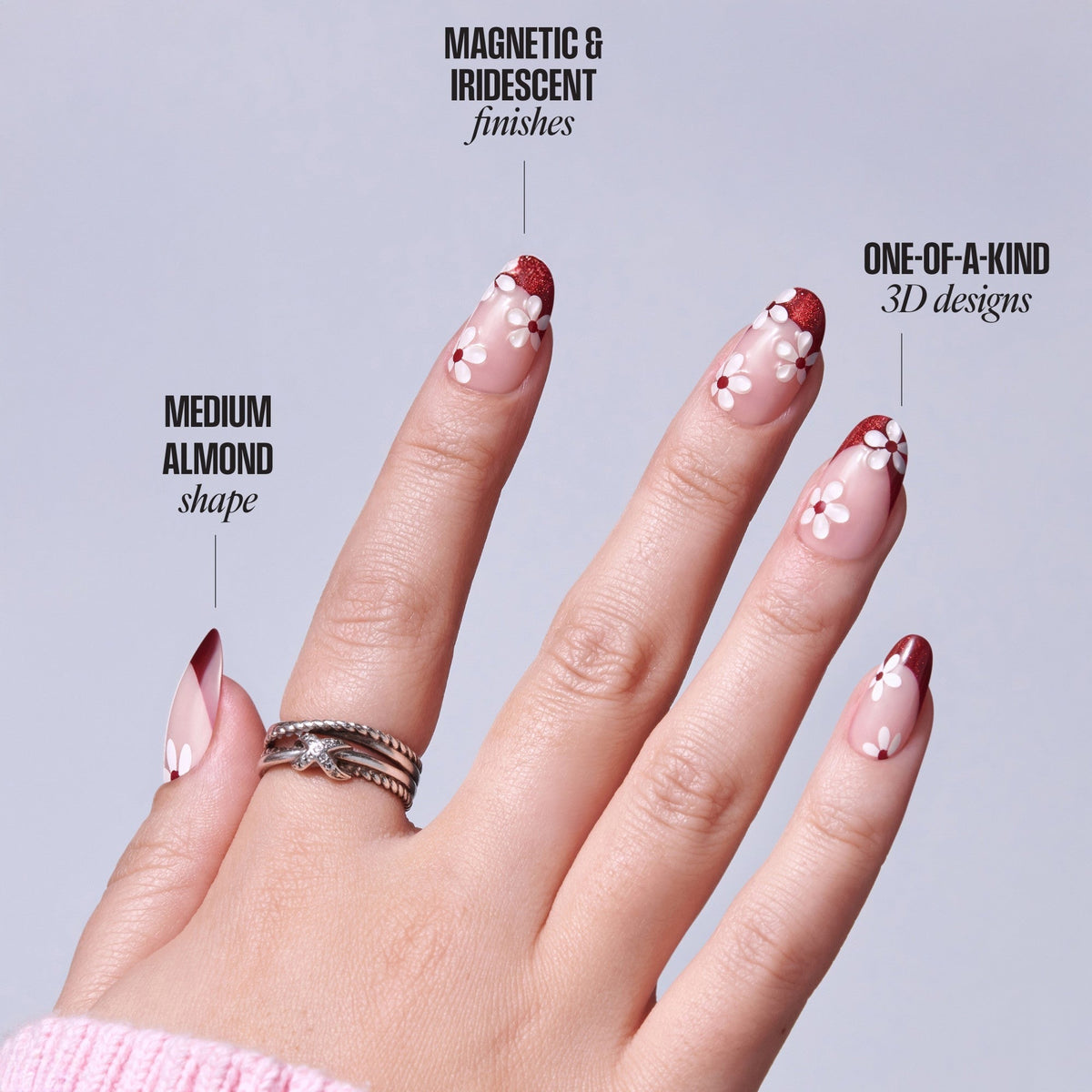 Kiss Nail Drip Press On Fake Glue Nails - Like-Minded | 3D & Jewel French Design, Red, Medium, Almond