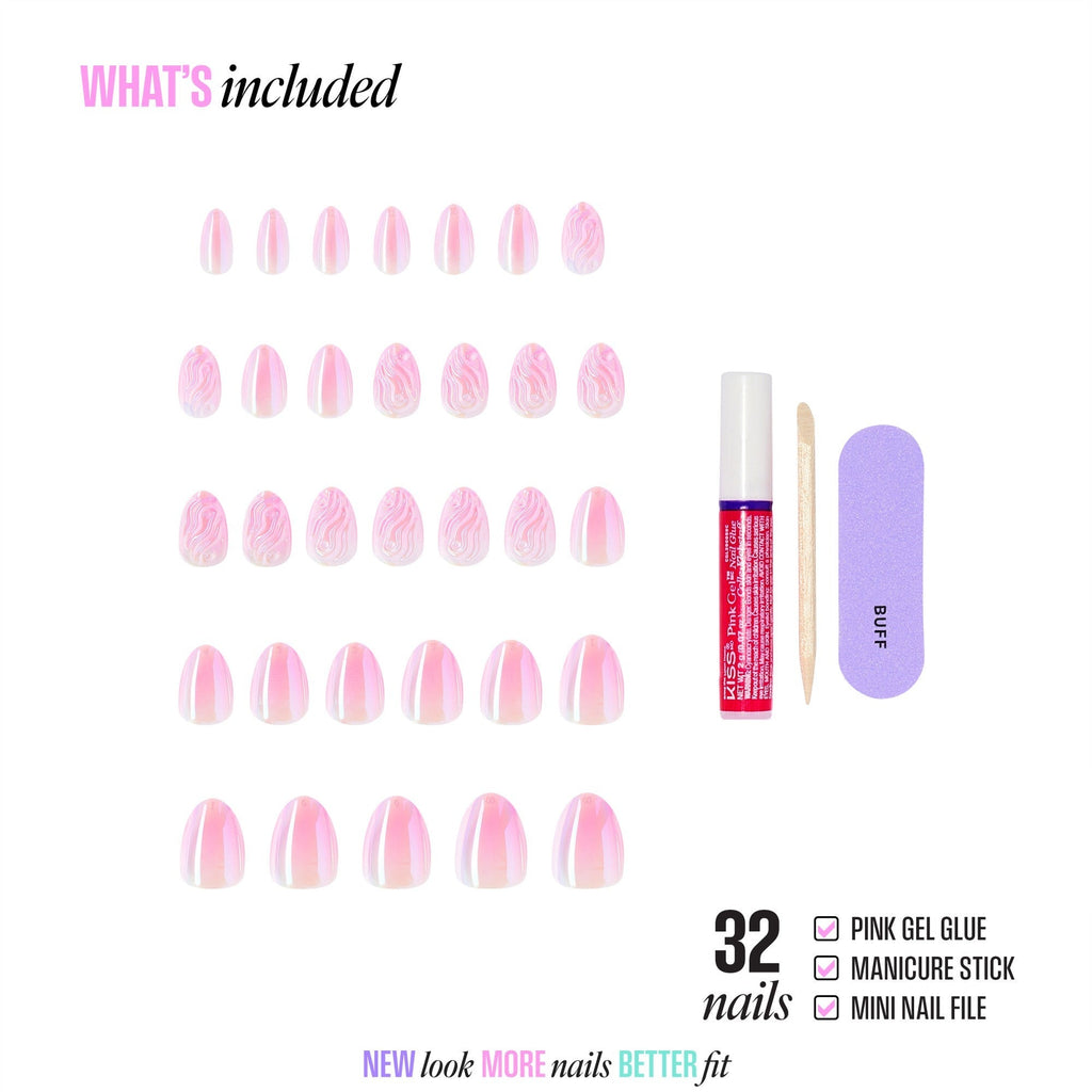 Kiss Glam Jeweled Press On Fake Glue Nails - Starry Chiffon | 3D & Jeweled Design, Pink, Short, Almond