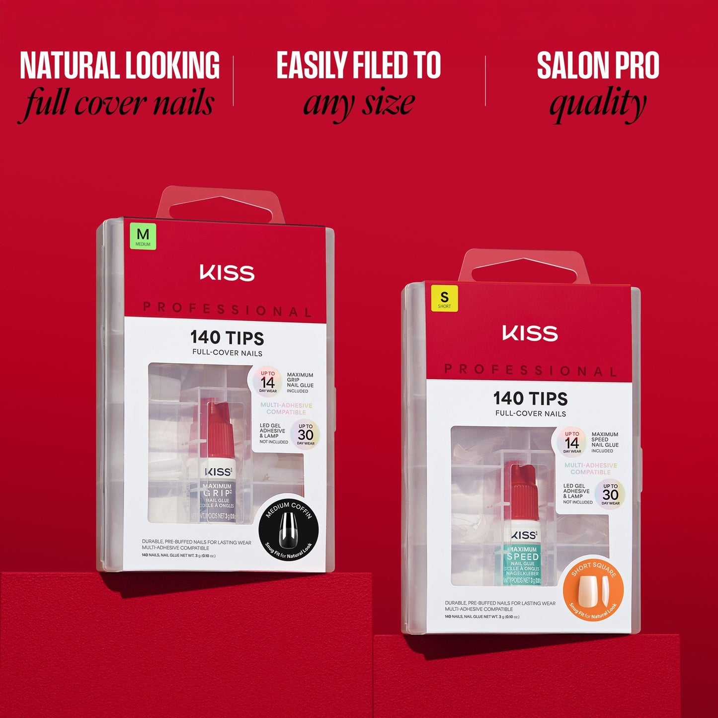Kiss Professional Full Cover Press On Fake Nails - Luminous | 140 Nails, Includes Nail Glue, Solid, Clear, Medium, Coffin