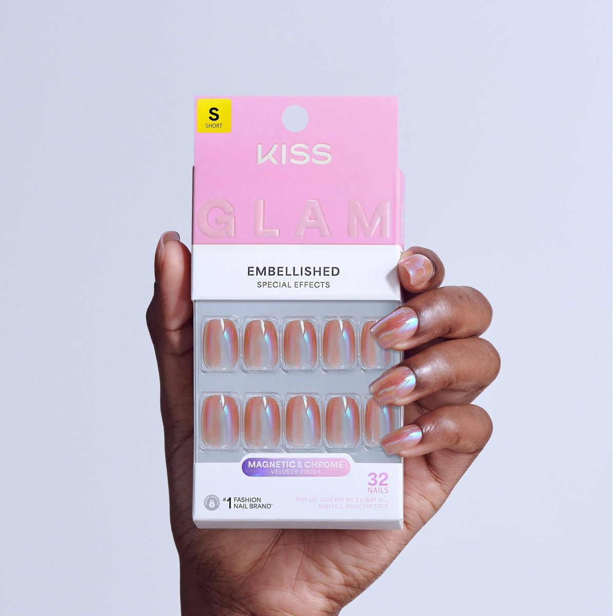 Kiss Glam Embellished Press On Fake Glue Nails - Golden Hour Affairs | Design, Pink, Short, Squoval