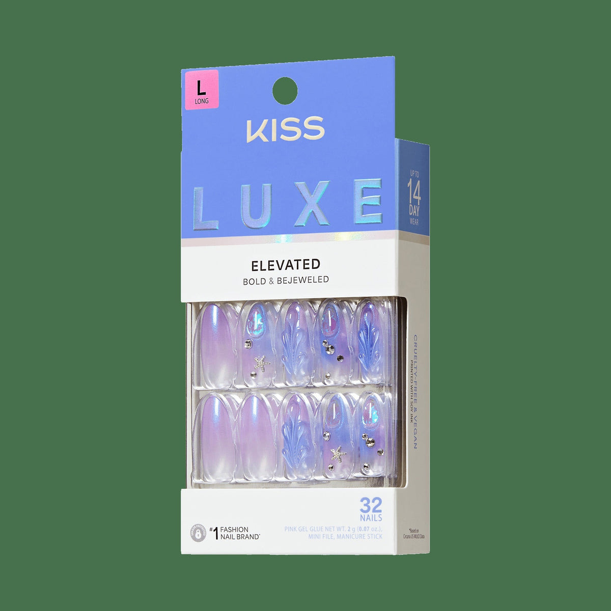 Kiss Luxe Press On Fake Glue Nails - Jasmine Skies | 3D & Jewel Design, Purple, Long, Almond