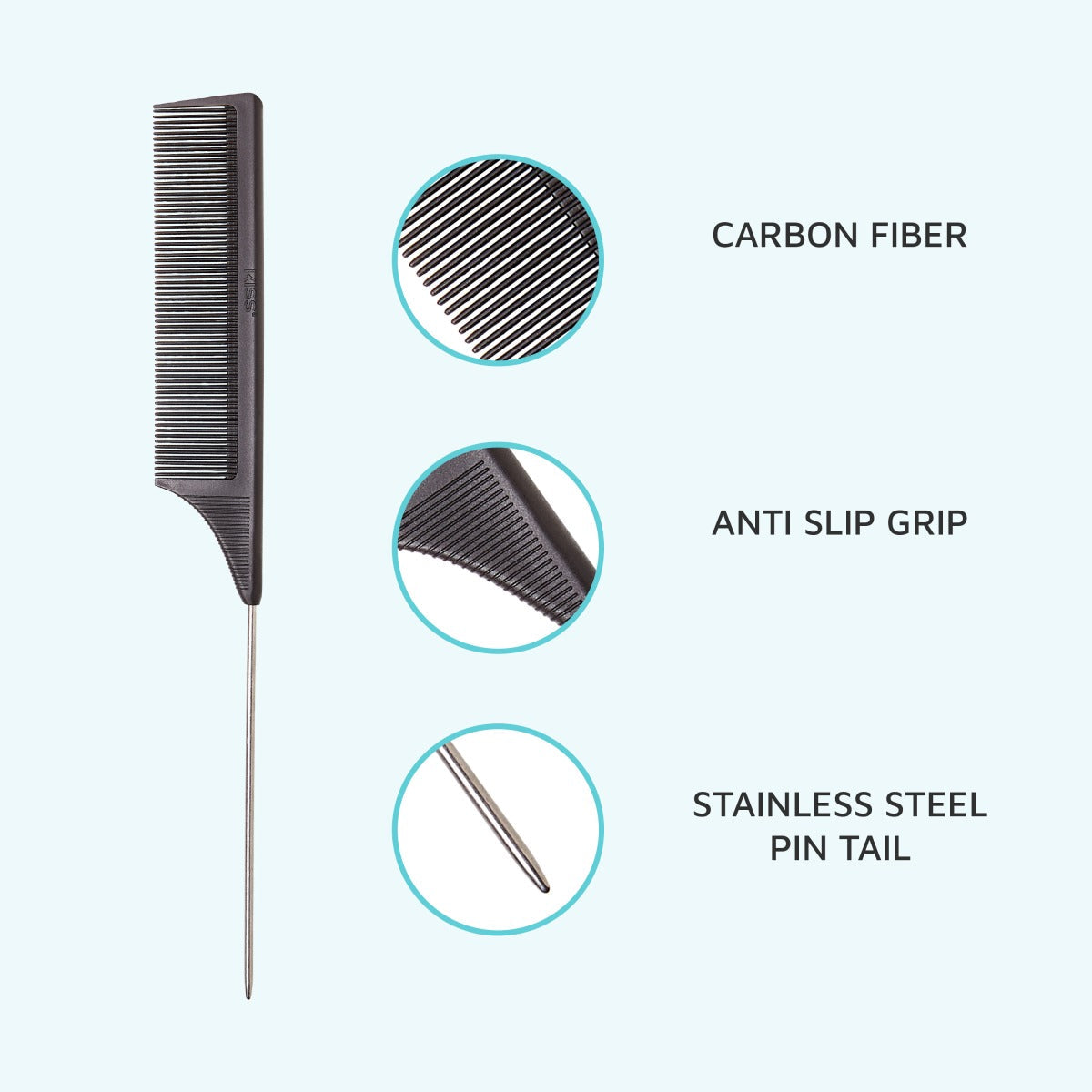 Kiss Colors & Care Professional Carbon Fiber Pin Tail Comb | Parting Comb, Rat Tail Comb