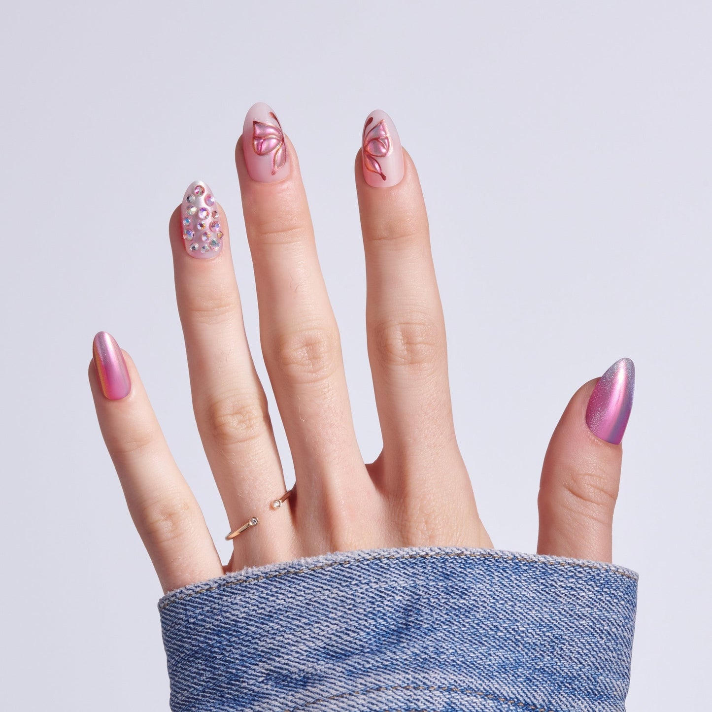Kiss Luxe Press On Fake Glue Nails - Rose Knot | 3D & Jewel Design, Pink, Medium, Almond