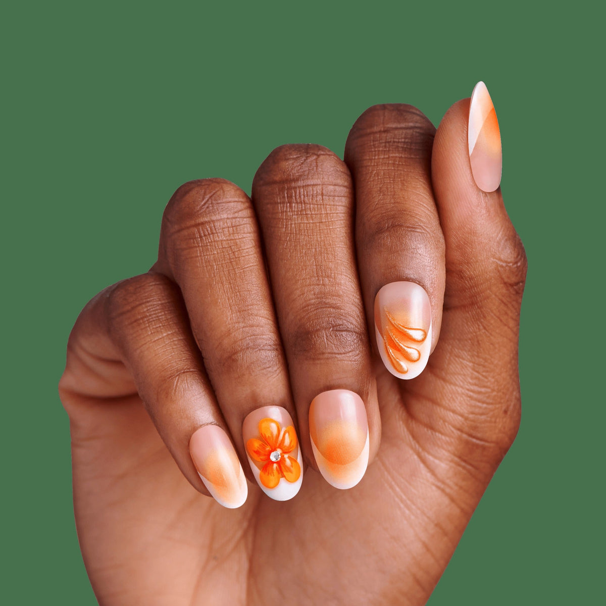 Impress Design No Glue Fake Press On Nails - Sea Bloom | 3D & Jewel Design, Orange, Medium, Oval, Manicure