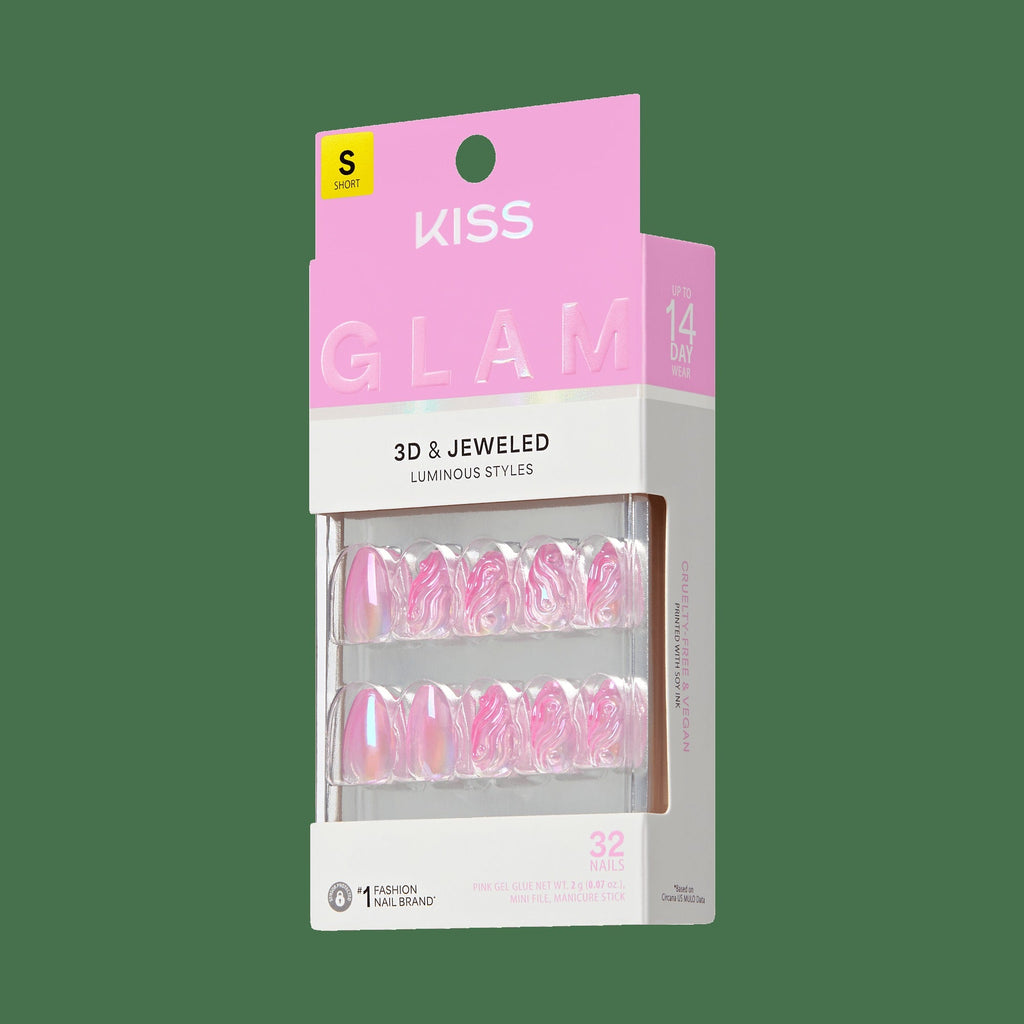 Kiss Glam Jeweled Press On Fake Glue Nails - Starry Chiffon | 3D & Jeweled Design, Pink, Short, Almond