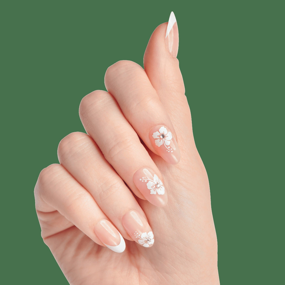 Impress Design No Glue Fake Press On Nails - Buttercup Shine | 3D & Jewel French Design, White, Medium, Almond, Manicure