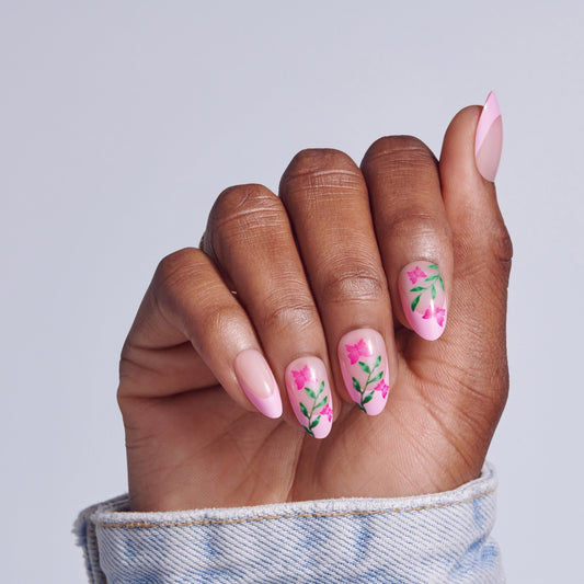 Kiss Core Design Press On Fake Glue Nails - Springtime Splendor | French Design, Pink, Medium, Almond