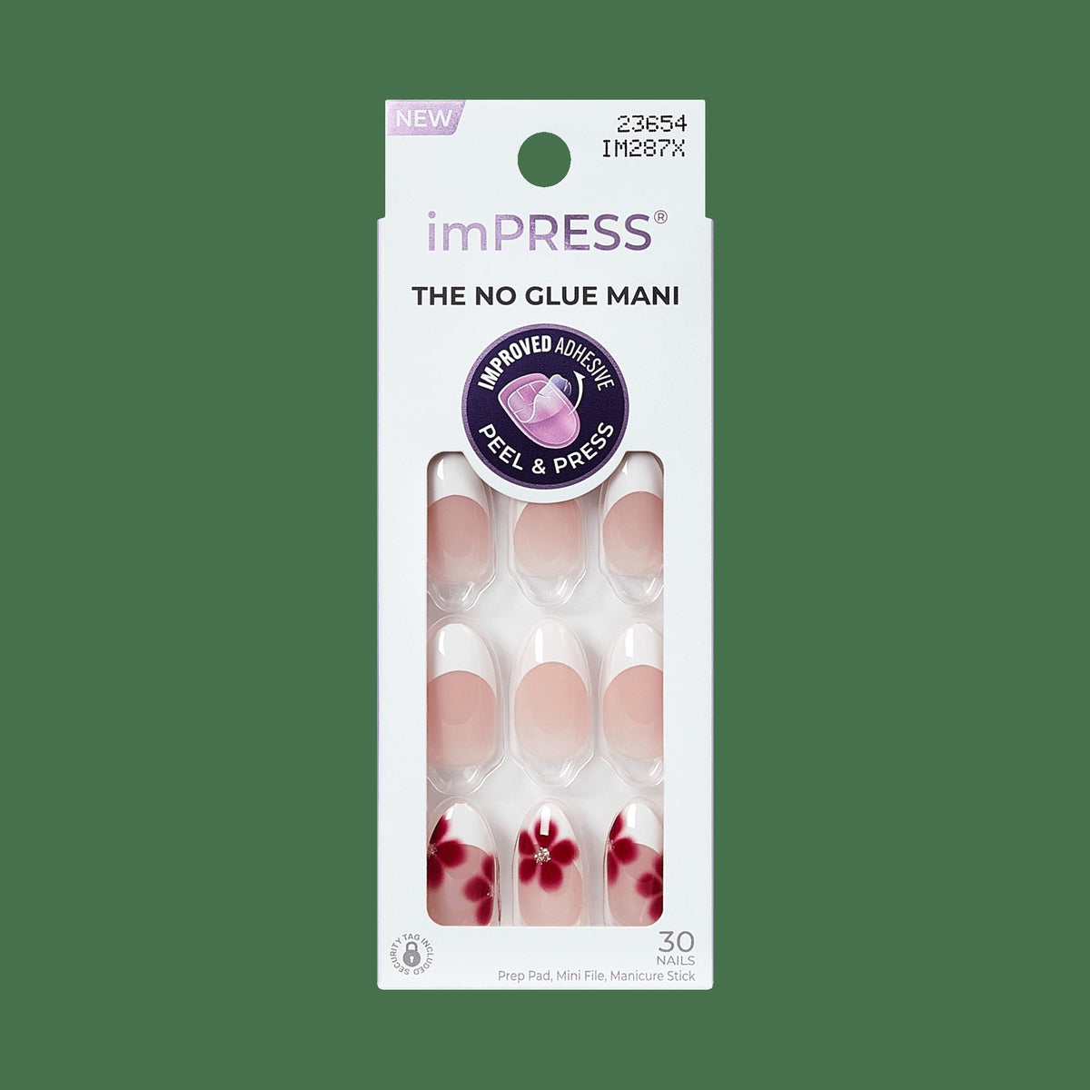 Impress Design No Glue Fake Press On Nails - Hampton | French Design, White & Red, Medium, Almond, Manicure