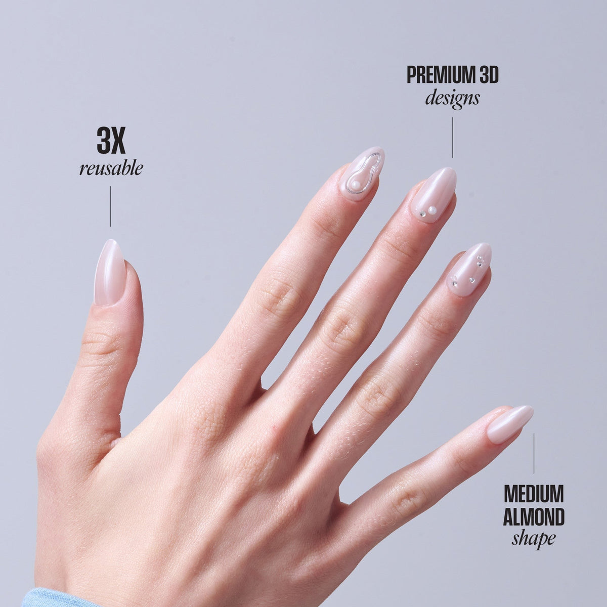 Kiss Icon Press On Fake Glue Nails - Terrific | 3D & Jewel Design, White, Medium, Almond