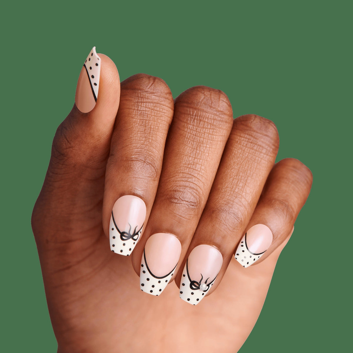 Impress Design No Glue Fake Press On Nails - Leafy | French Design, Black & White, Medium, Coffin, Manicure
