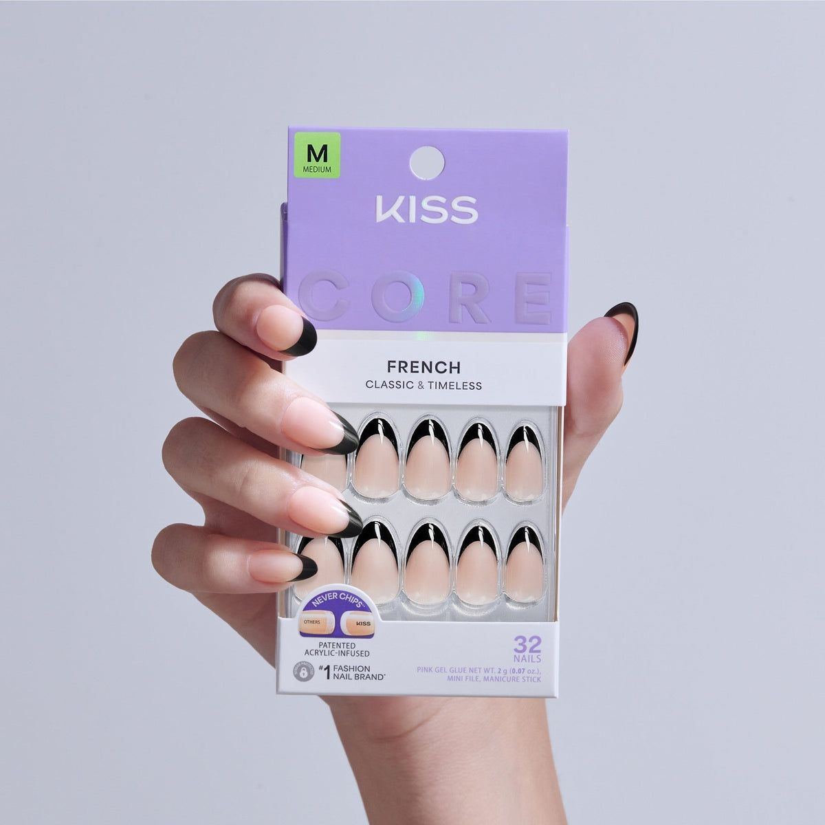 Kiss Core French Press On Fake Glue Nails - Full of Fun | French Tips, Black, Medium, Almond