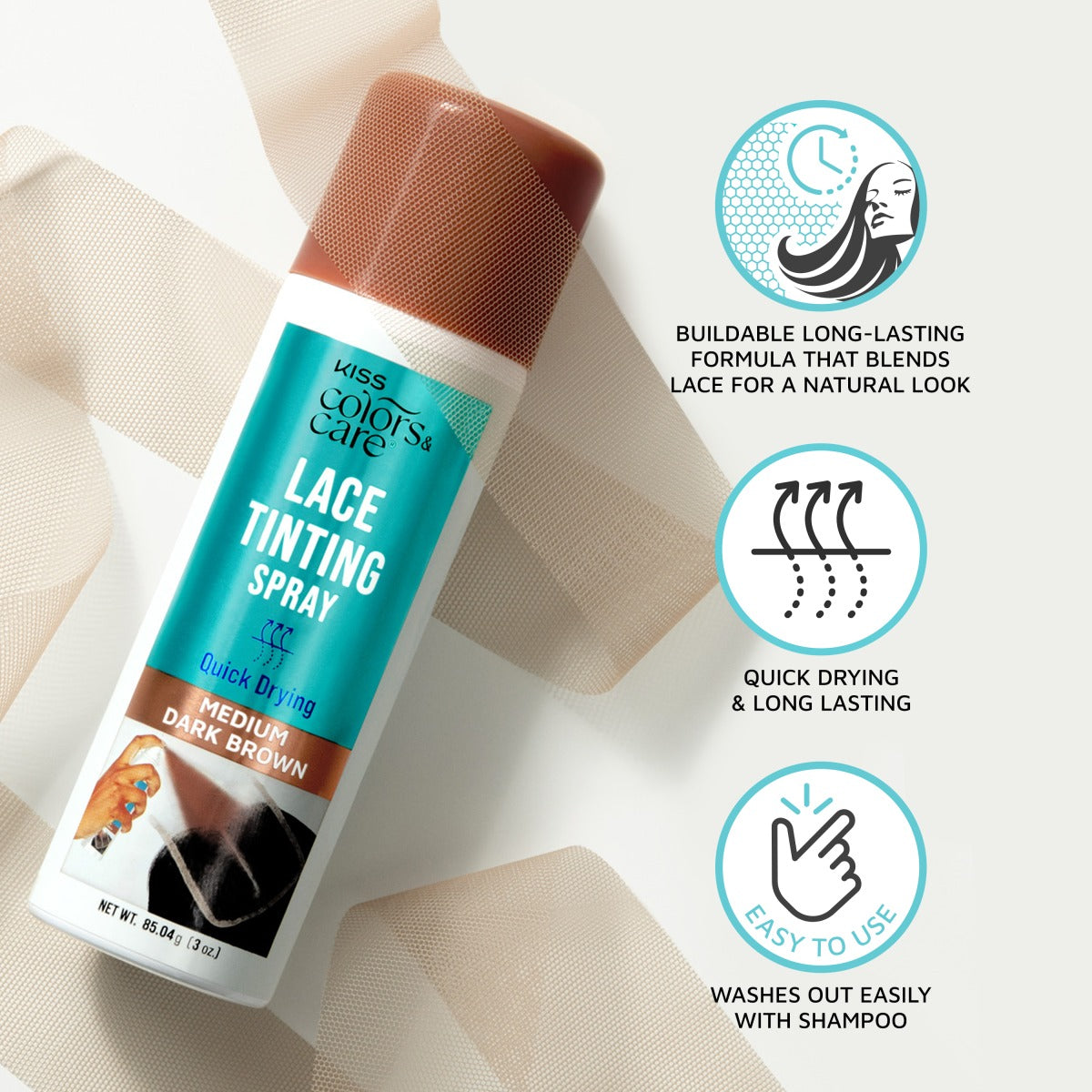 Kiss Colors & Care Lace Tinting Spray | Lace Front Wig Spray, Quick Drying, Transfer Proof, Dark Brown, Hair Care