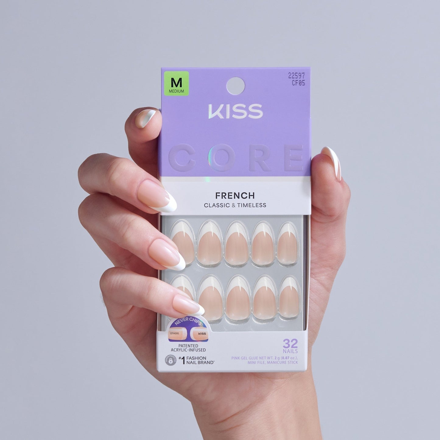 Kiss Core French Press On Fake Glue Nails - Curiosity | French Tips, White, Medium, Almond