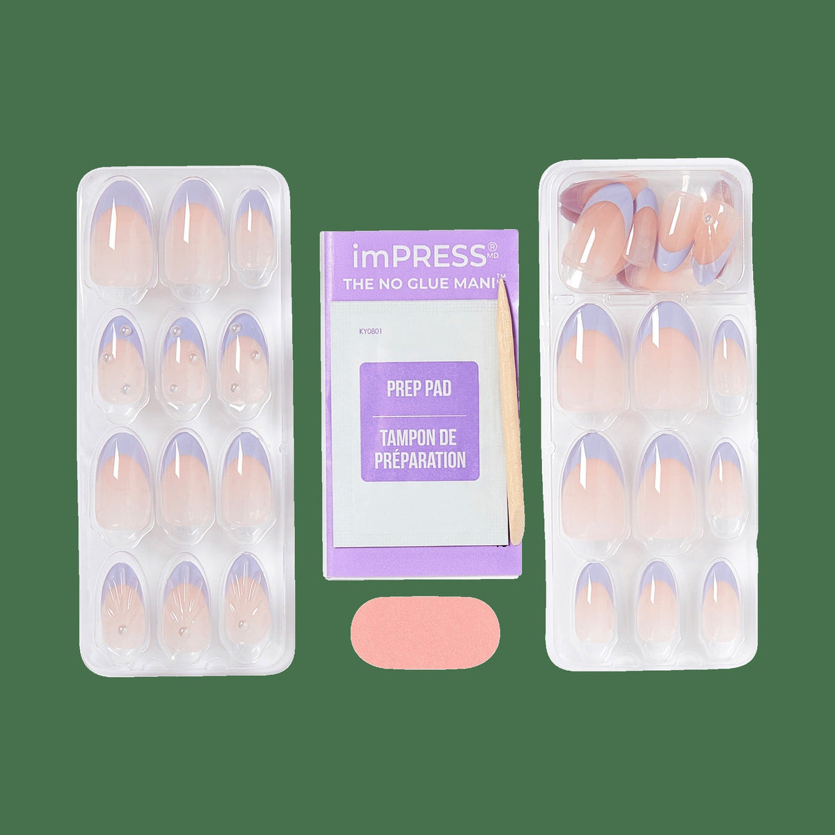 Impress Design No Glue Fake Press On Nails - Sky Breeze | 3D & Jewel French, Purple, Medium, Almond, Manicure