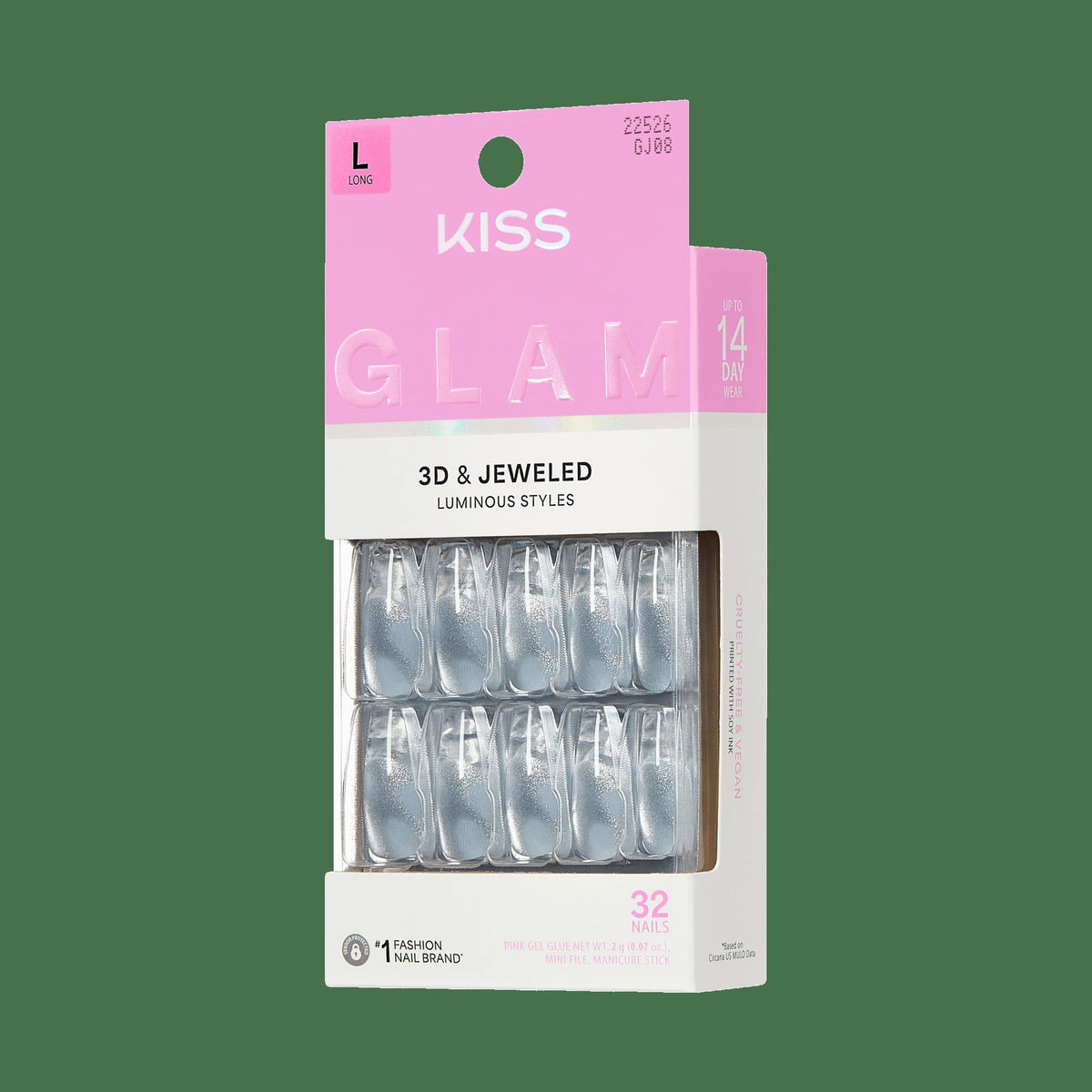 Kiss Glam 3D & Jewel Press On Fake Glue Nails - Seraphic | Design, Blue & Clear, Long, Coffin