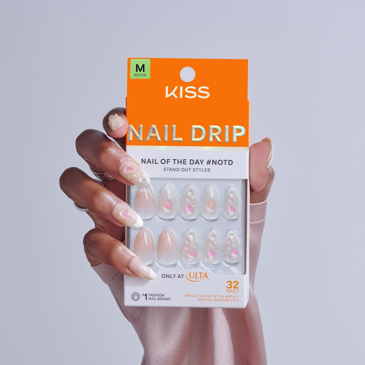 Kiss Nail Drip Press On Fake Glue Nails - Vivid | 3D & Jewel Design, Pink, Medium, Almond