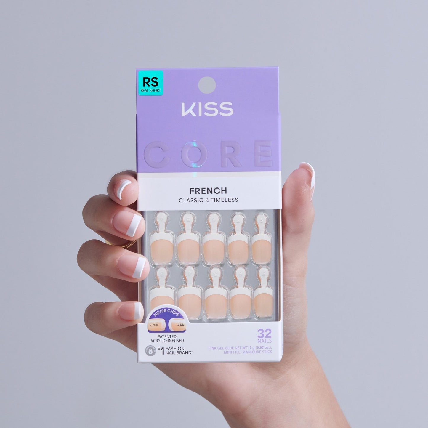 Kiss Core French Press On Fake Glue Nails - If You Dare | French Tips, White, Real Short, Squoval