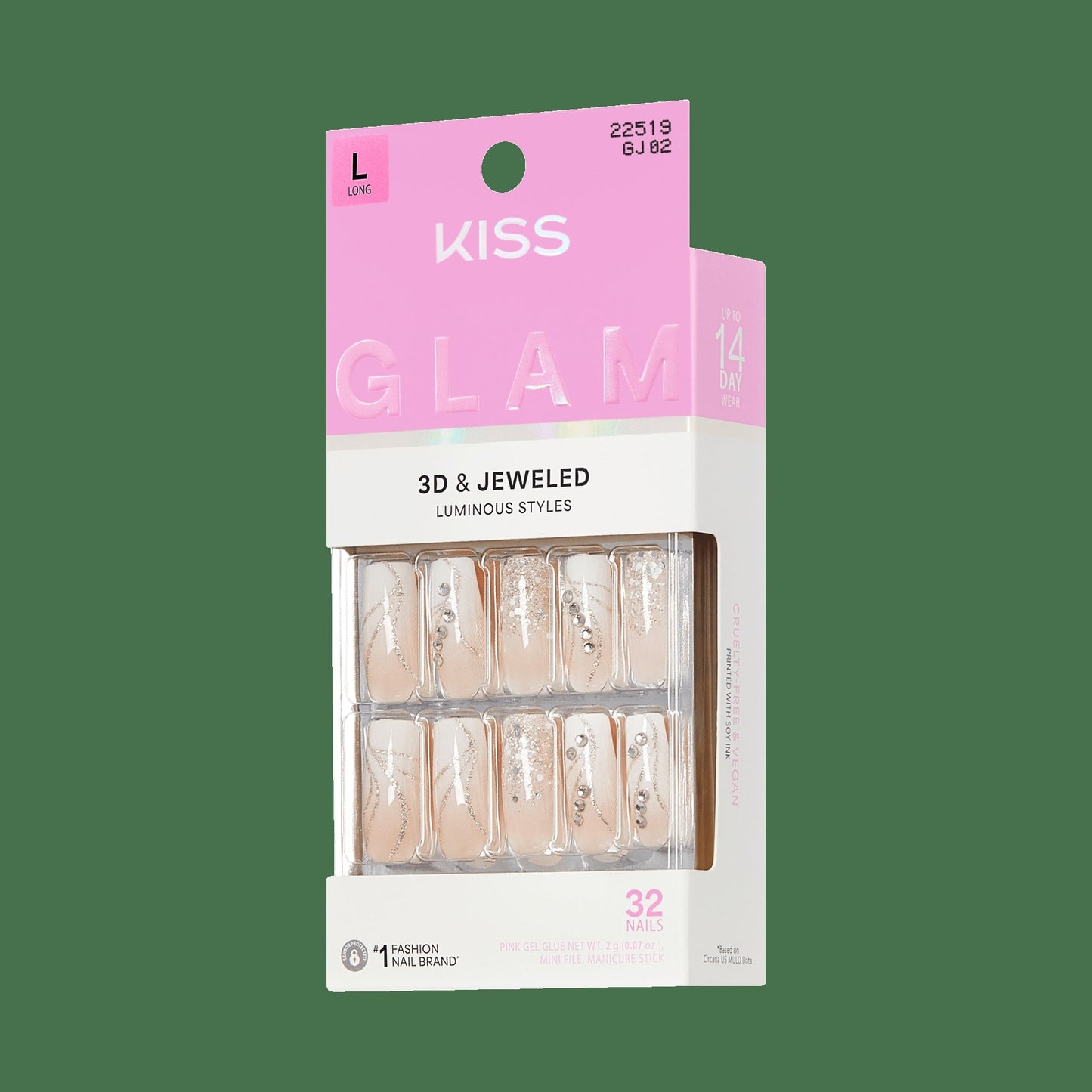 Kiss Glam 3D & Jewel Press On Fake Glue Nails - Wrapped in Beauty | 3D & Jewel French Design, White, Long, Square