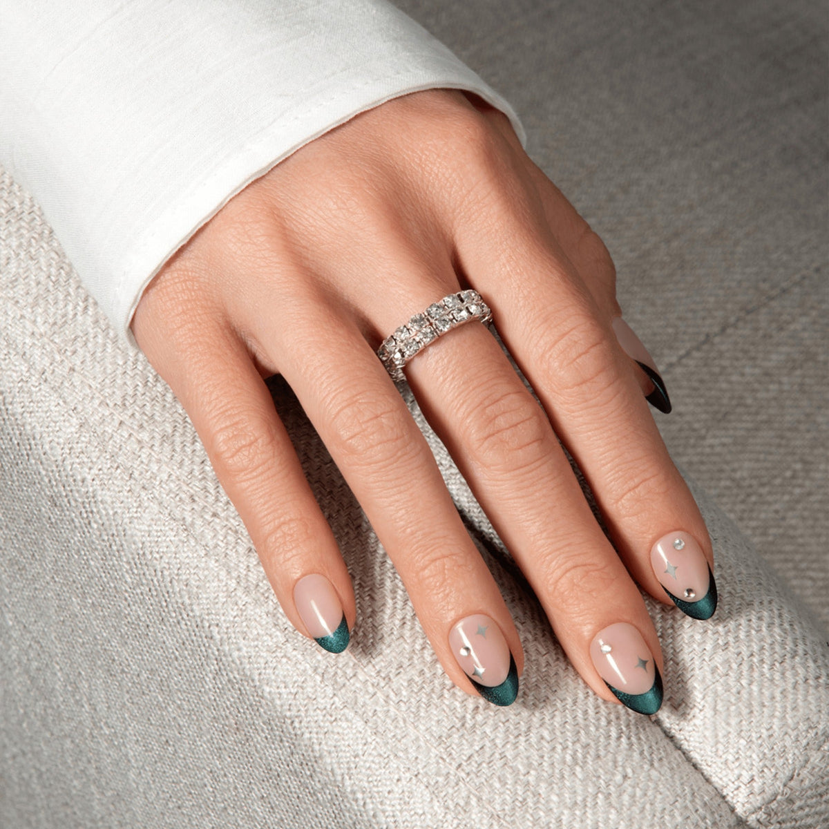 Impress Premium No Glue Fake Press On Nails - Visions | 3D & Jewel French, Metallic Green, Medium, Almond, Manicure
