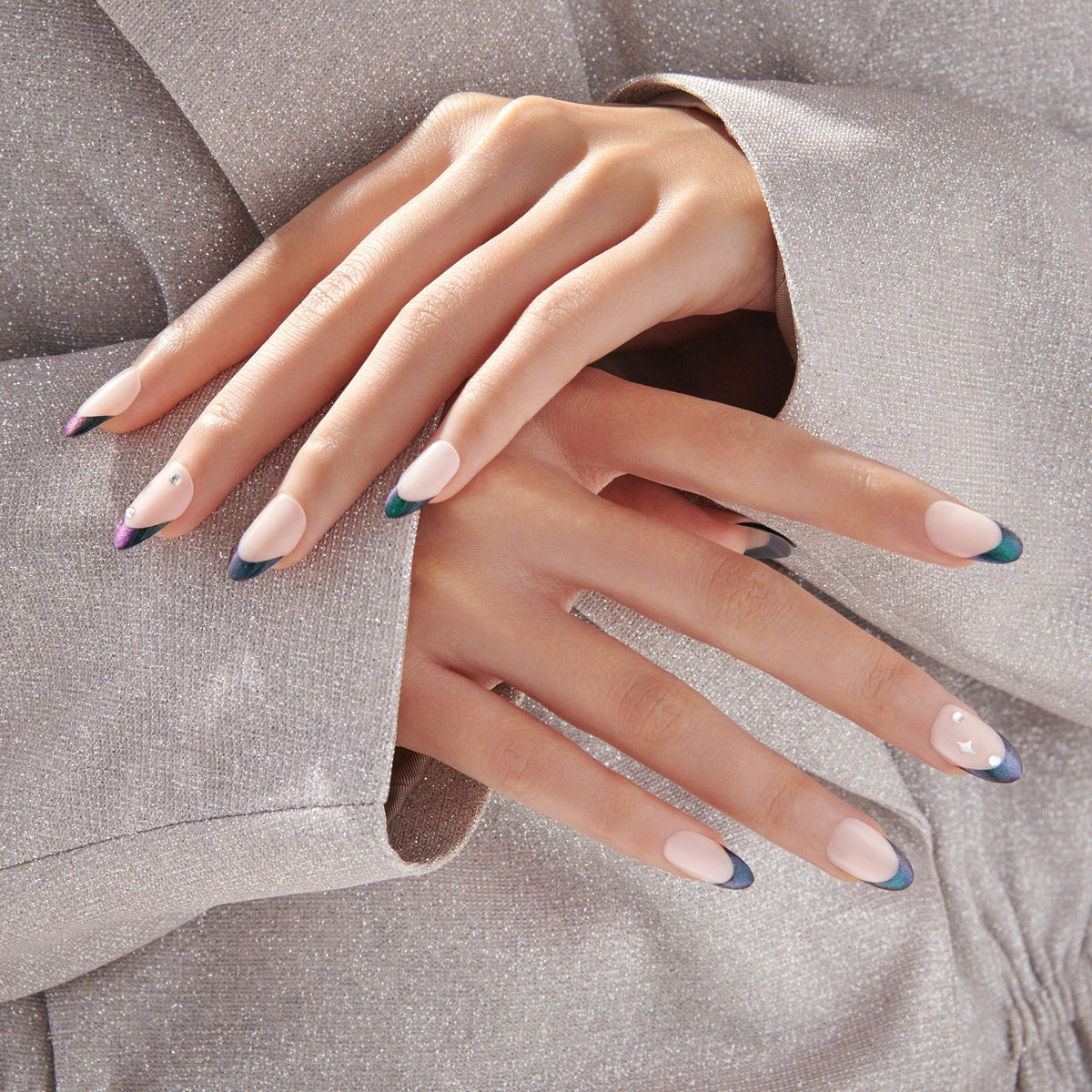 Impress Premium No Glue Fake Press On Nails - Visions | 3D & Jewel French, Metallic Green, Medium, Almond, Manicure