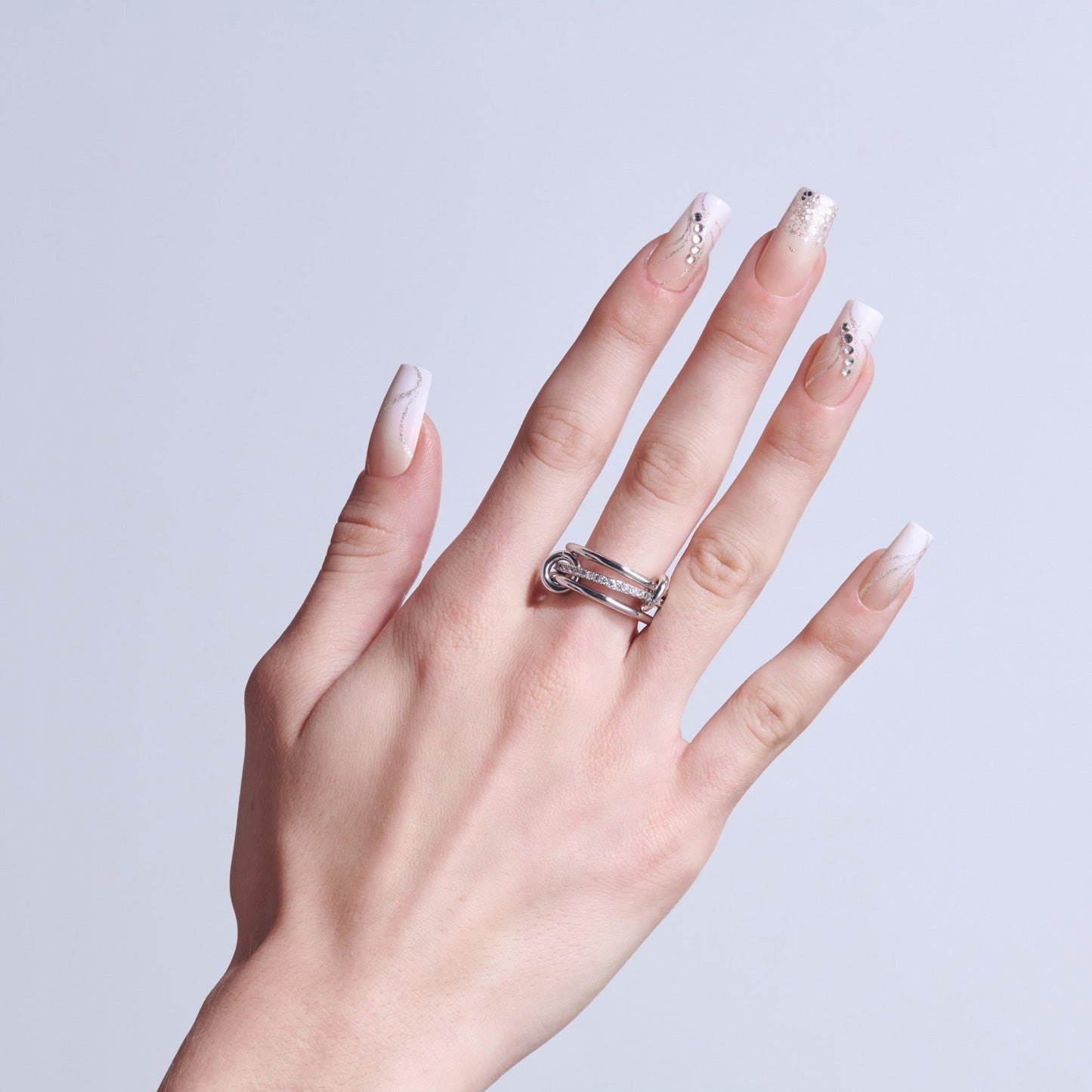 Kiss Glam 3D & Jewel Press On Fake Glue Nails - Wrapped in Beauty | 3D & Jewel French Design, White, Long, Square