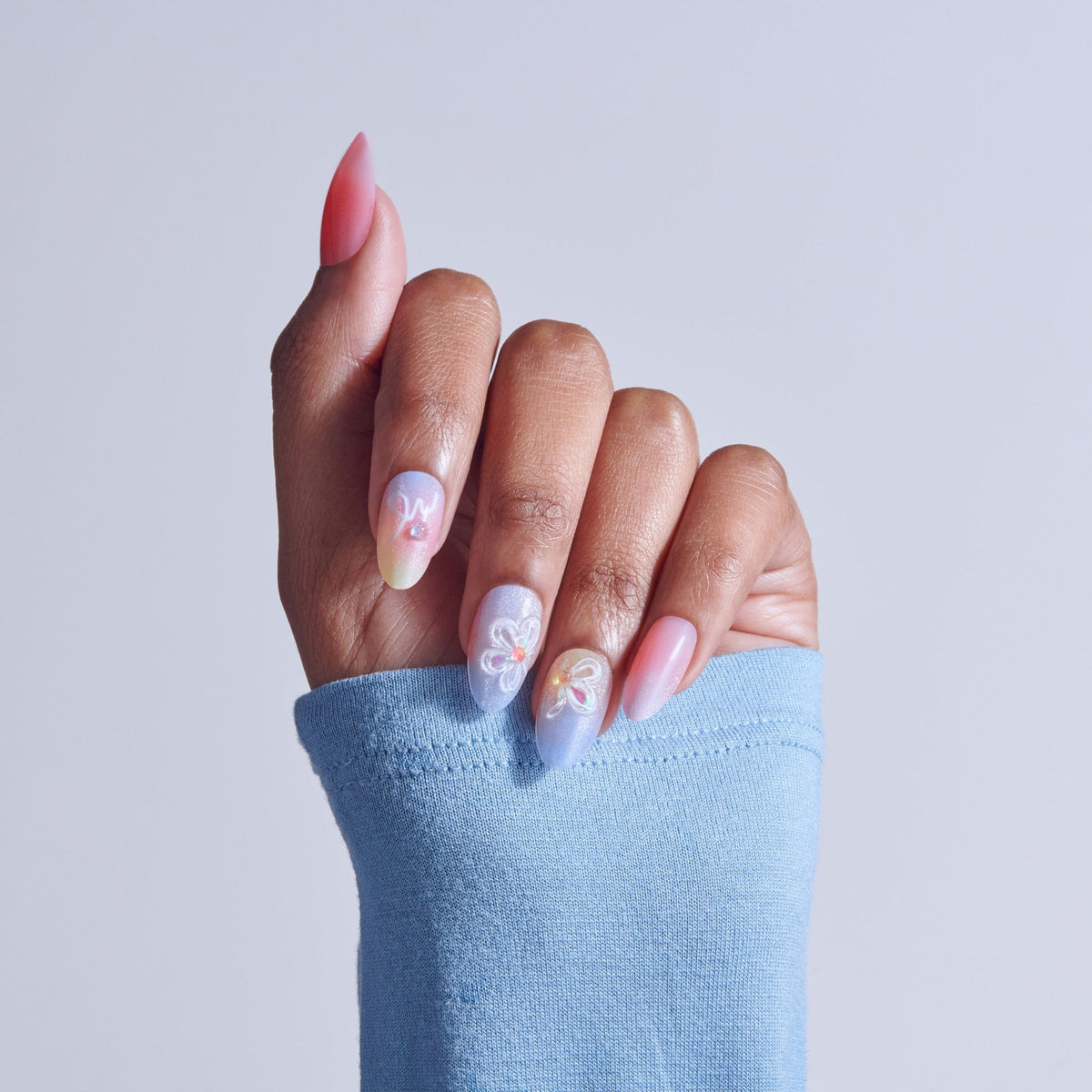 Kiss Nail Drip Press On Fake Glue Nails - Merry Sky | 3D & Jewel Design, Multicolor, Medium, Almond