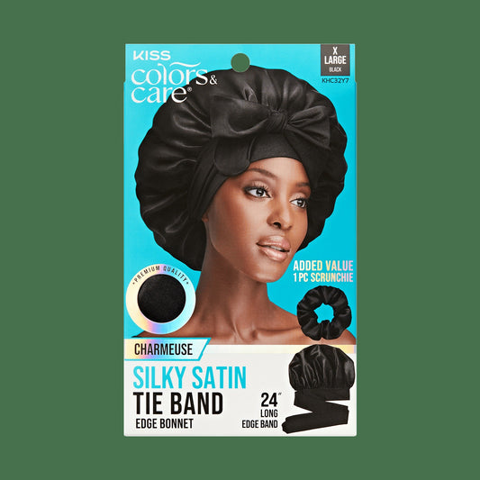 Kiss Colors & Care Silky Satin Tie Band Edge Bonnet - Black | Extra-Large, Silk Bonnet, Sleep Bonnet, Includes Scrunchie, Hair Accessories