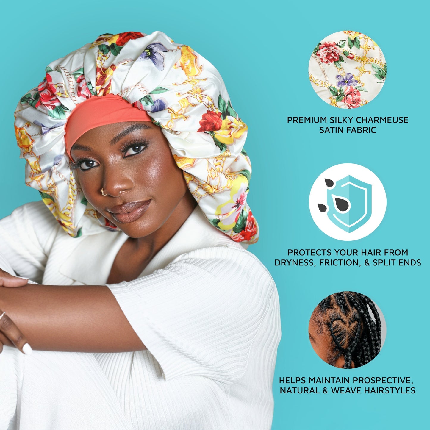 Kiss Colors & Care Crepe Satin Reversible Braid Bonnet - Exotic Leopard | Silk Bonnet, Sleep Bonnet, 24in Long, Hair Accessories