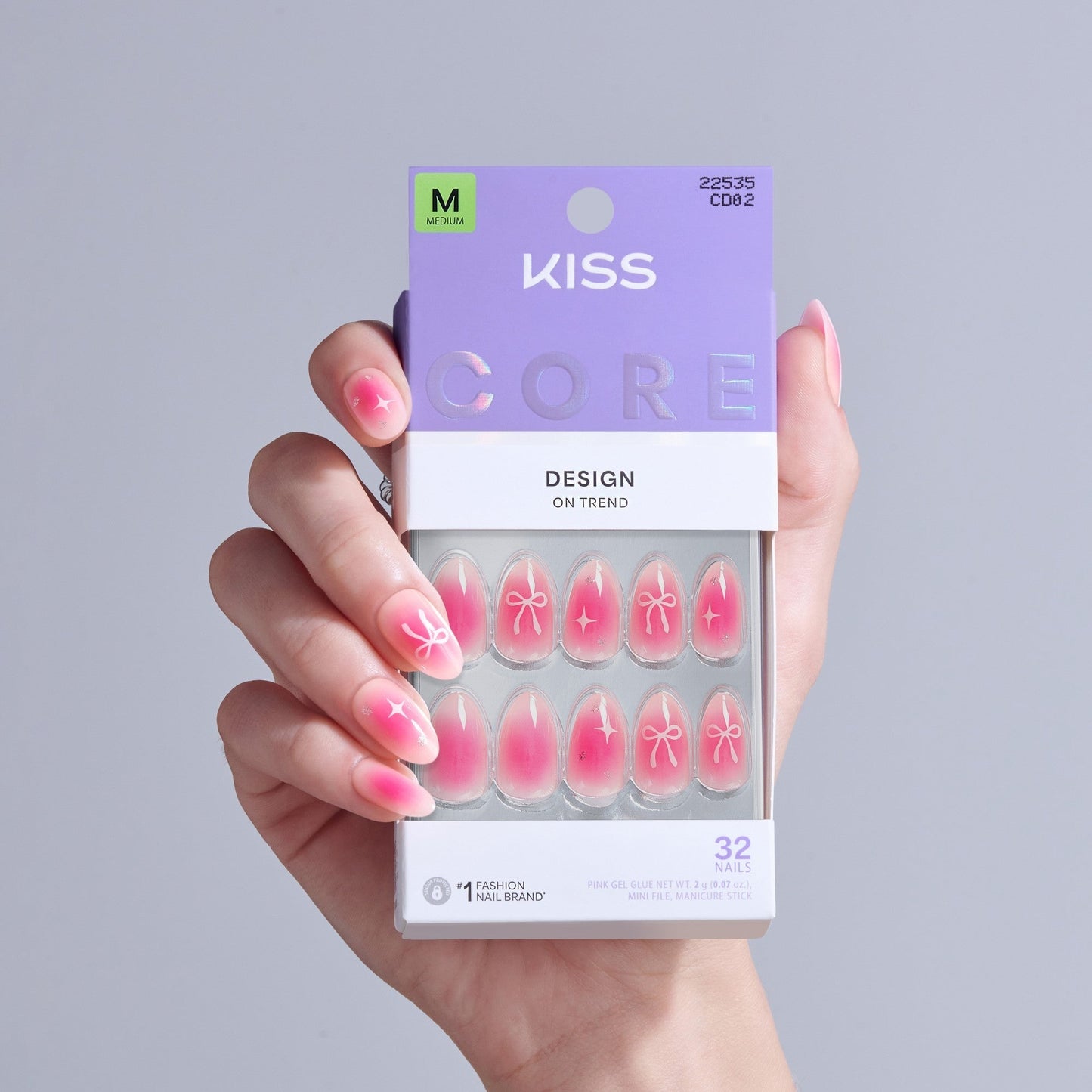 Kiss Core Design Press On Fake Glue Nails - My Time | Design, Pink, Medium, Almond