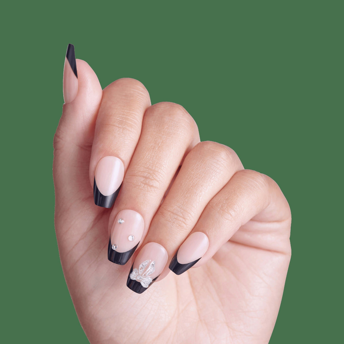Impress Design No Glue Fake Press On Nails - By The River | 3D & Jewel French, Black, Medium, Coffin, Manicure