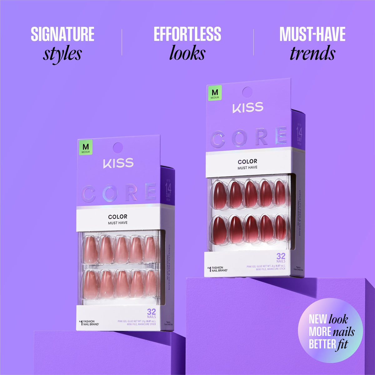 Kiss Core Color Press On Fake Glue Nails - Dulcet | Solid, Pink, Medium, Almond