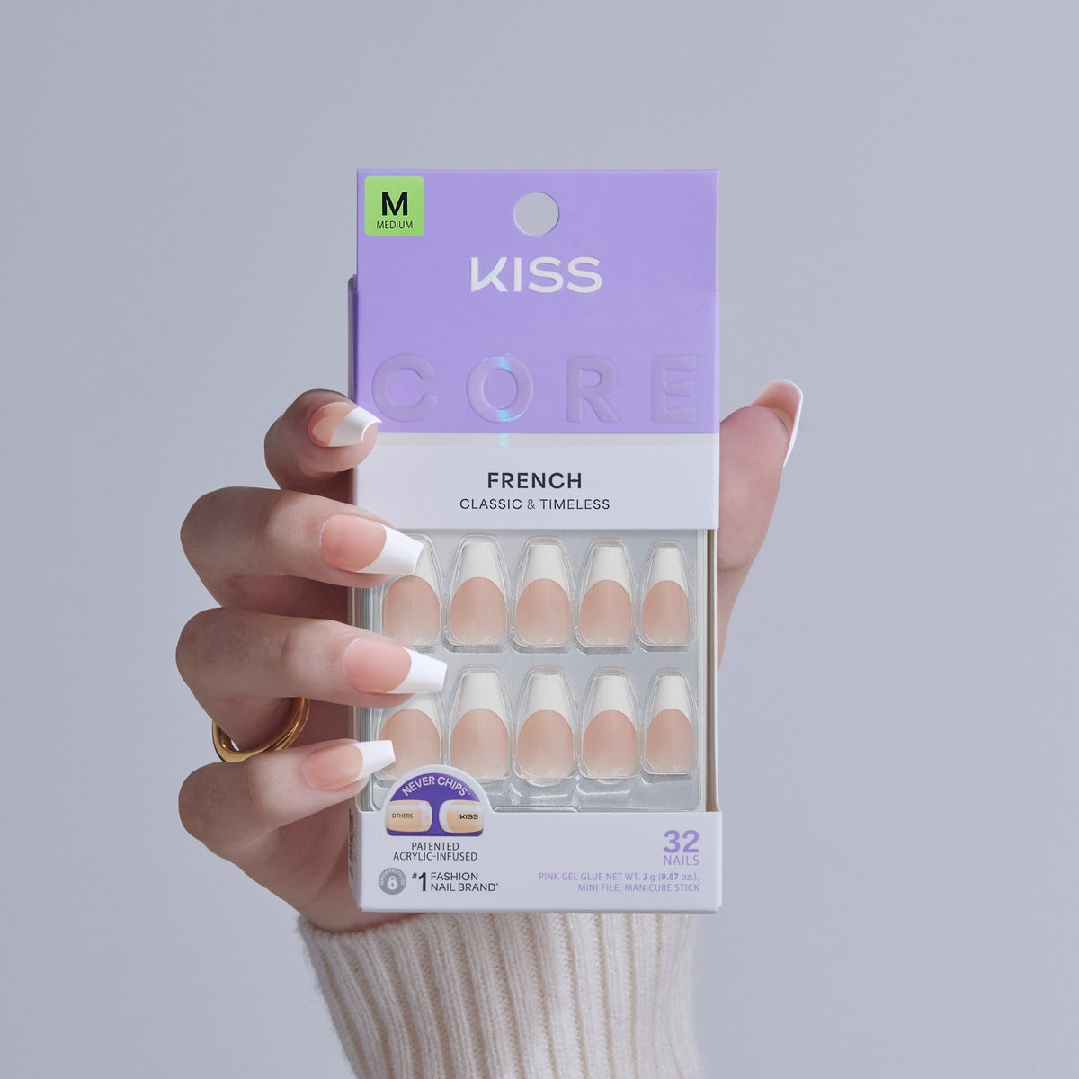 Kiss Core French Press On Fake Glue Nails - Reunion | French Tips, White, Medium, Coffin