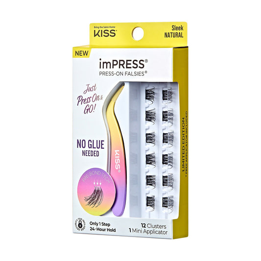 Impress Falsies Pre-Glued False Eyelashes Minipack - Sleek | 12 Lash Clusters, With Mini Applicator, 12mm-14mm