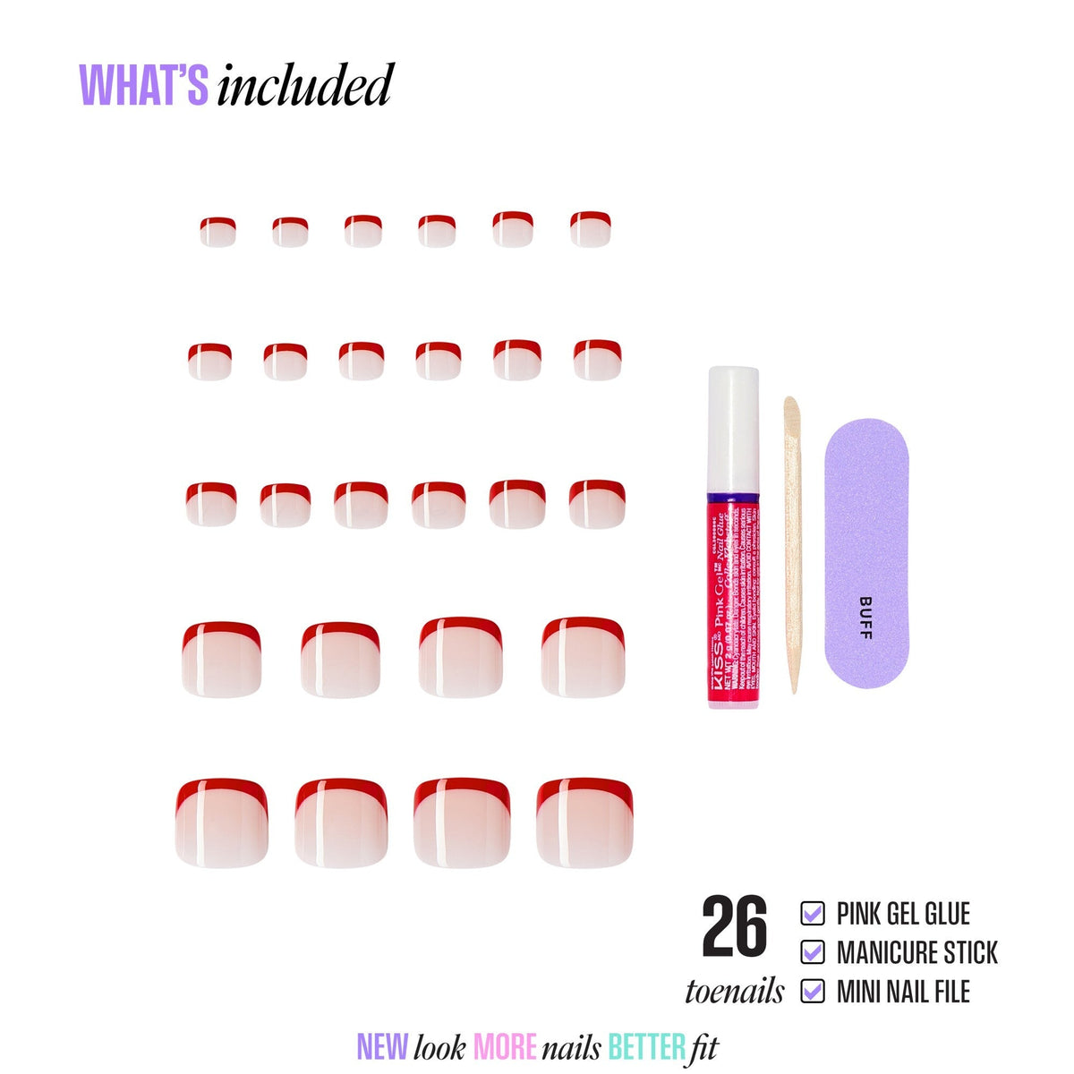 Kiss Core French Press On Fake Glue Toenails - Step Into Style | French, Red, Short, Squoval, Pedicure
